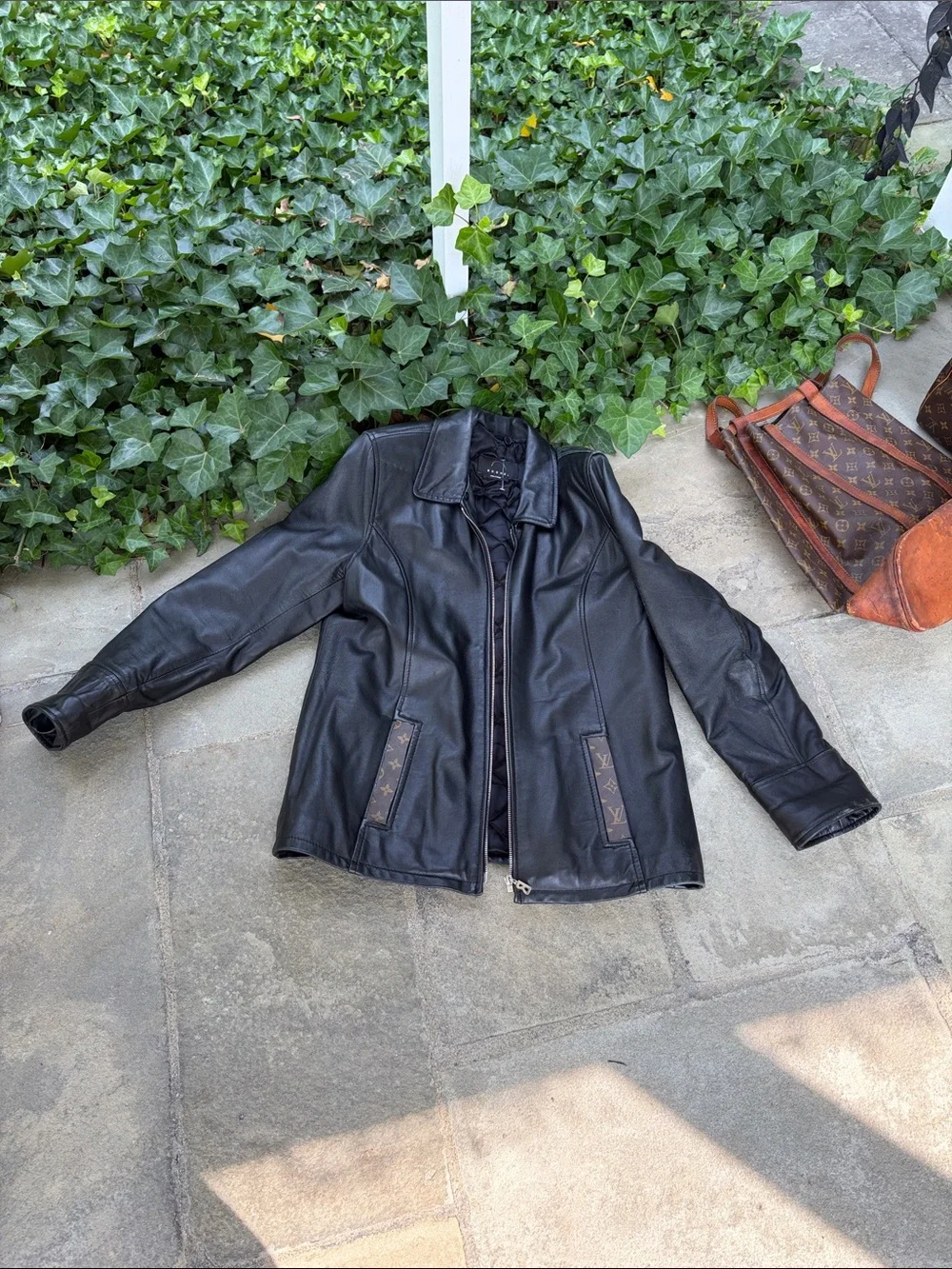 Bogner Black Leather Zip-Front Jacket With Louis Vuitton Trim Pockets